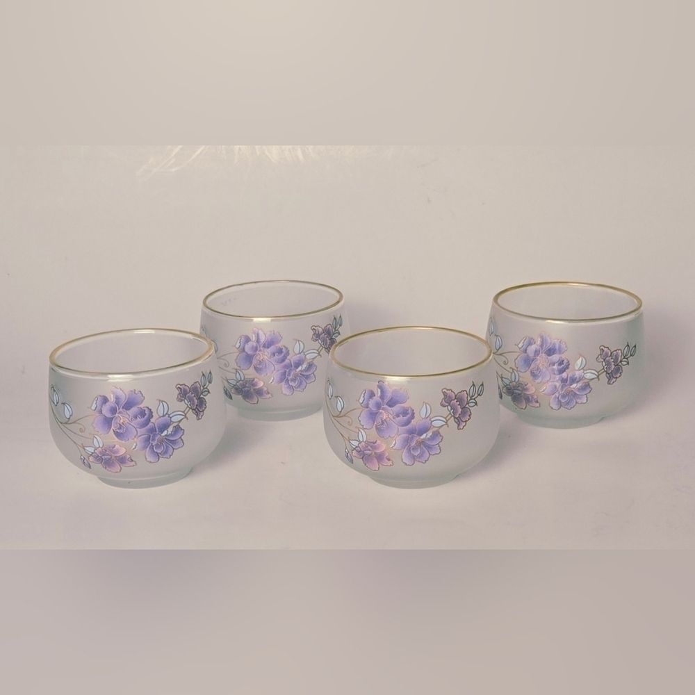 Vintage Frosted Floral Glasses Gold Rim Purple Flowers Set of 4 - Picture 2 of 8